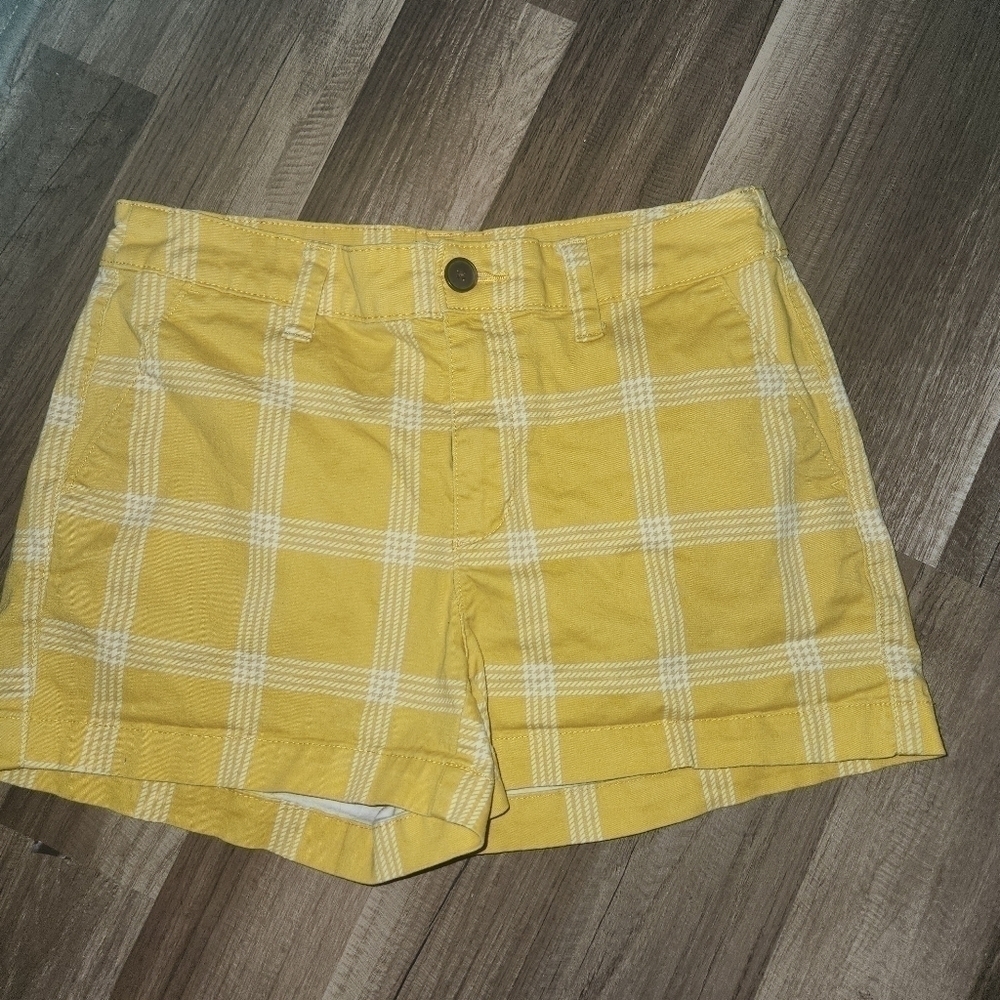 A. new day Plaid Stretch Chino Shorts Size 2 w/ pockets Mustard Yellow and White - Picture 2 of 4